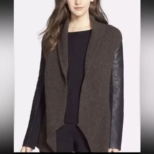 Eileen Fisher 100% Leather Long Sleeve brown /black 100% Wool Cardigan Jacket XS